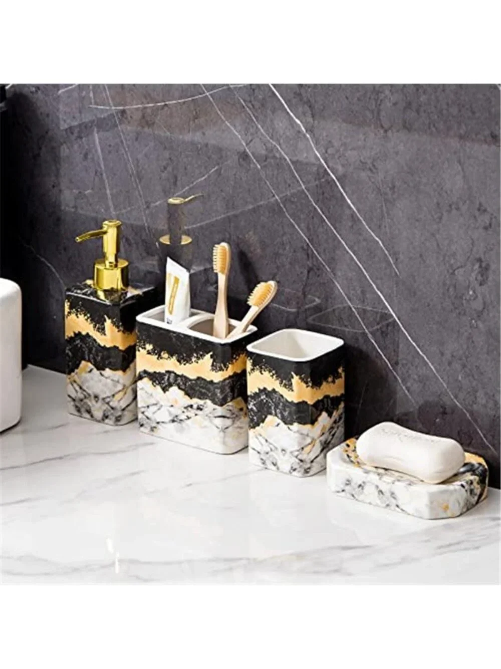 Bathroom Accessories Set Ceramic Marble Black White Soap Dispenser Toothbrush